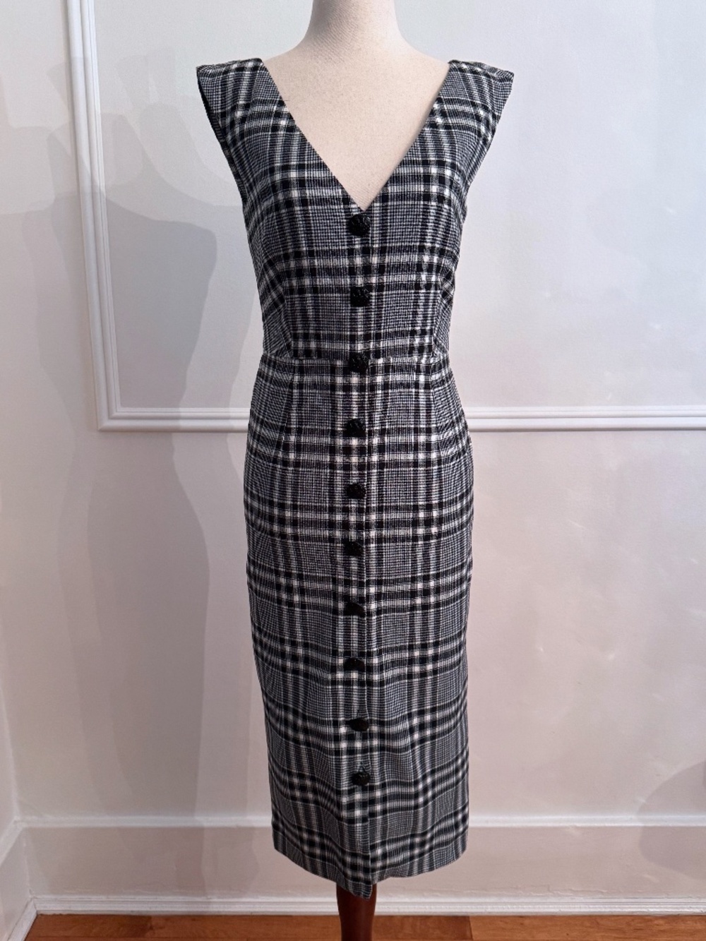 Veronica Beard Houndstooth Plaid V-Neck Button Front Sheath Dress Made USA 4